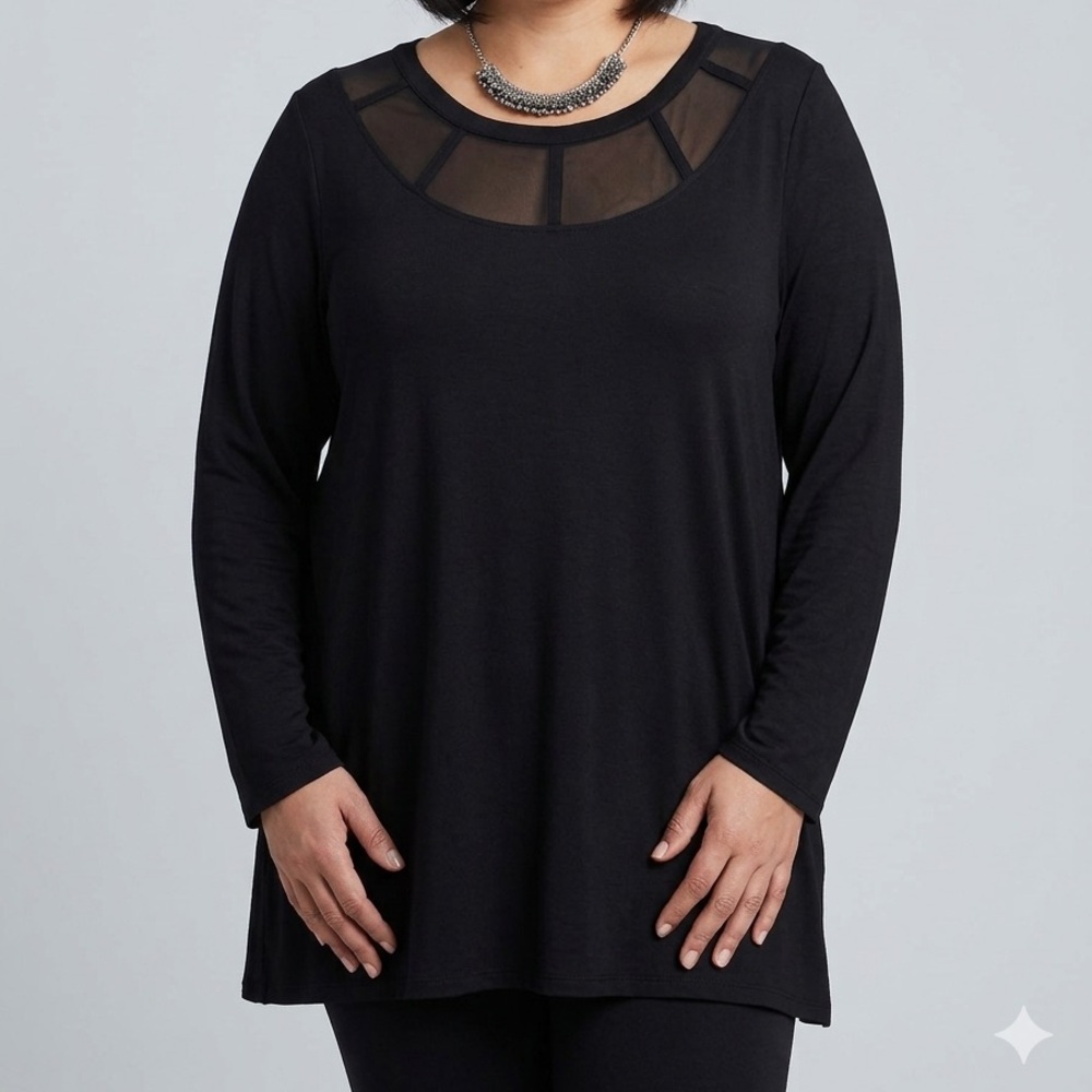 PENNINGTONS Black Stretch Long Sleeve Blouse with Mesh Neckline 1X